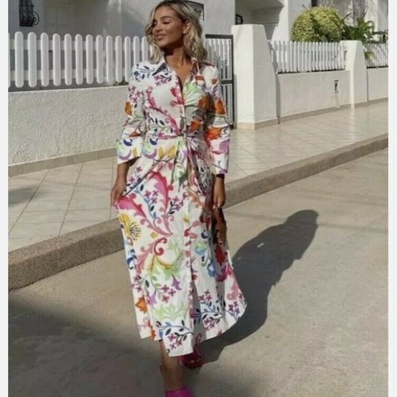 ZARA OFF WHITE IVORY MULTI FLORAL PRINT COTTON MIDI DRESS - Picture 2 of 12